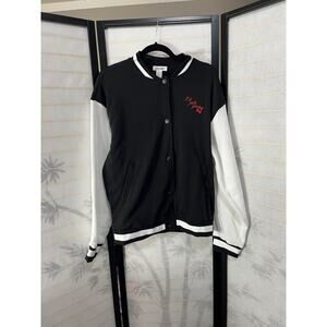Refuge Unisex Varsity Bomber Jacket Small Black White Snap Cherry Embroidery